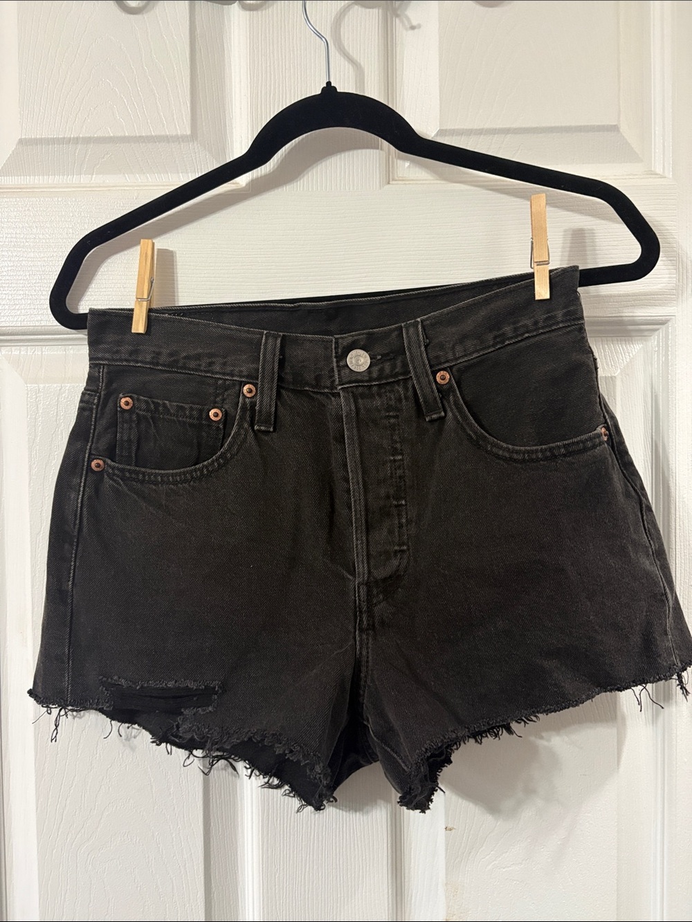 Levi's Black High-Rise Frayed Hem Jean Shorts
